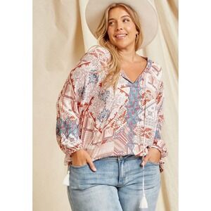 Savanna Jane 2X Boho Patchwork Print Tassel V Neck Long Sleeve Blouse Women New